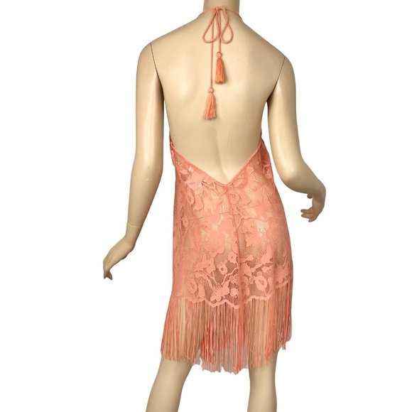 Flying Tomato Boho Swimsuit Cover Up Dress Sheer Lace Halter V Neck Fringe Small - Picture 3 of 11